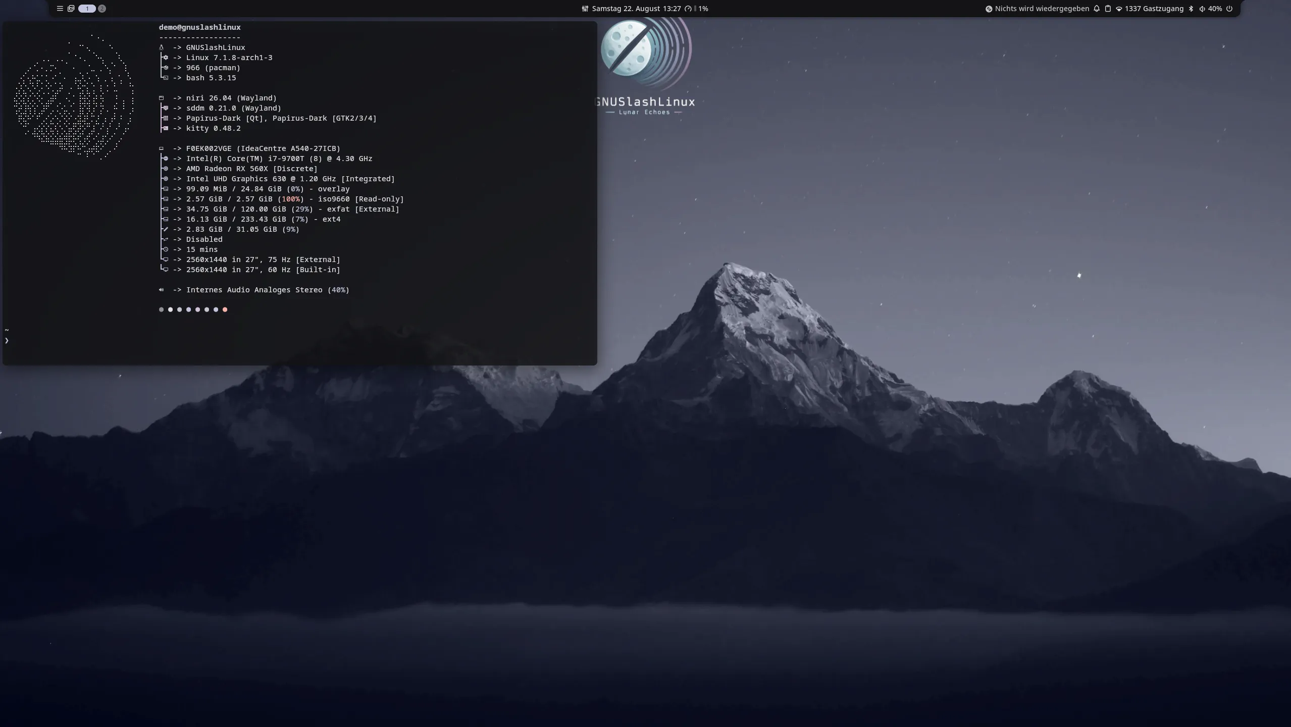GNUSlashLinux Desktop mit Kitty Terminal